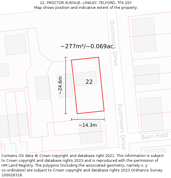 22, PROCTOR AVENUE, LAWLEY, TELFORD, TF4 2SY: Plot and title map