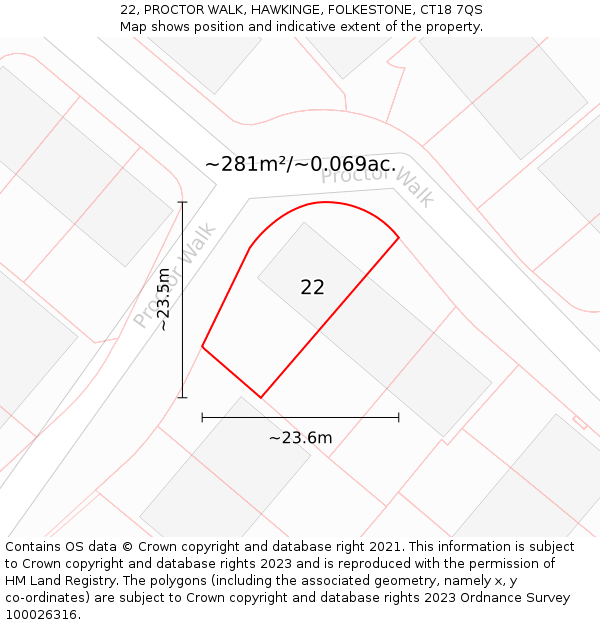22, PROCTOR WALK, HAWKINGE, FOLKESTONE, CT18 7QS: Plot and title map