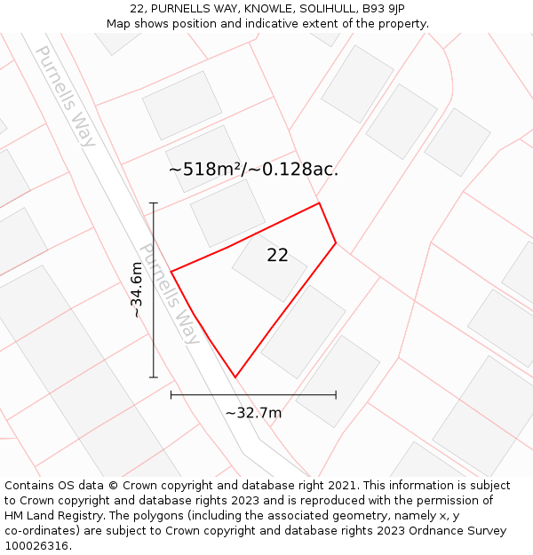 22, PURNELLS WAY, KNOWLE, SOLIHULL, B93 9JP: Plot and title map