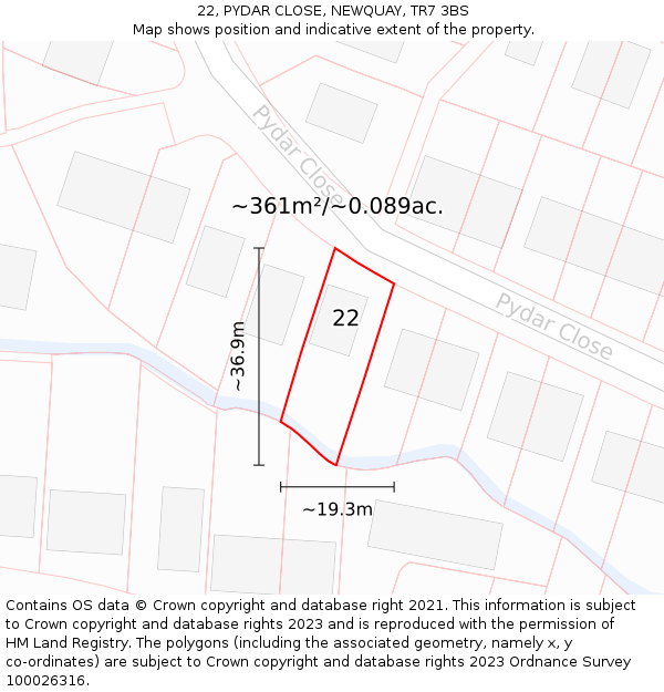 22, PYDAR CLOSE, NEWQUAY, TR7 3BS: Plot and title map