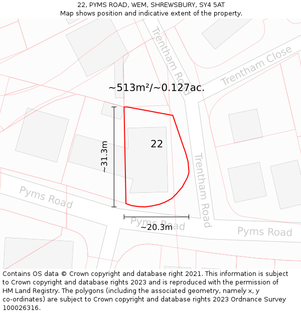 22, PYMS ROAD, WEM, SHREWSBURY, SY4 5AT: Plot and title map