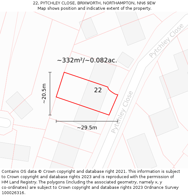 22, PYTCHLEY CLOSE, BRIXWORTH, NORTHAMPTON, NN6 9EW: Plot and title map