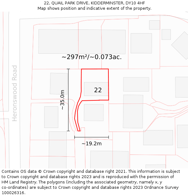 22, QUAIL PARK DRIVE, KIDDERMINSTER, DY10 4HF: Plot and title map