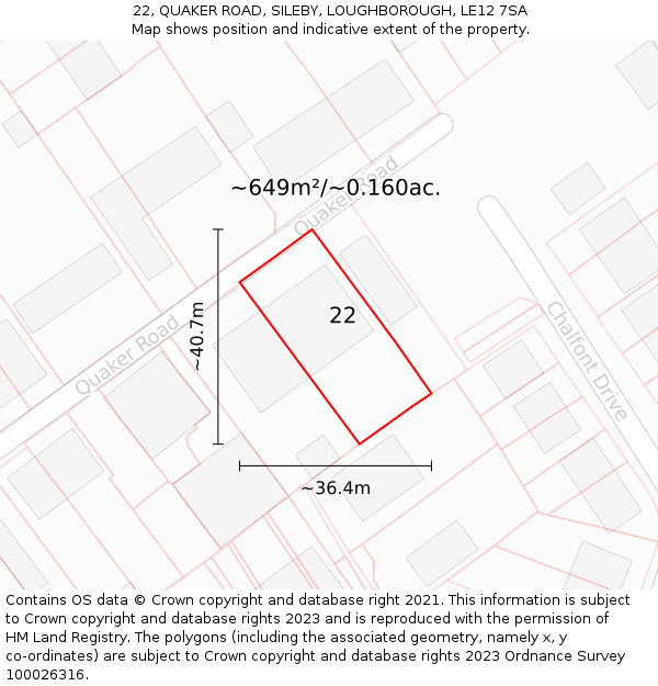 22, QUAKER ROAD, SILEBY, LOUGHBOROUGH, LE12 7SA: Plot and title map