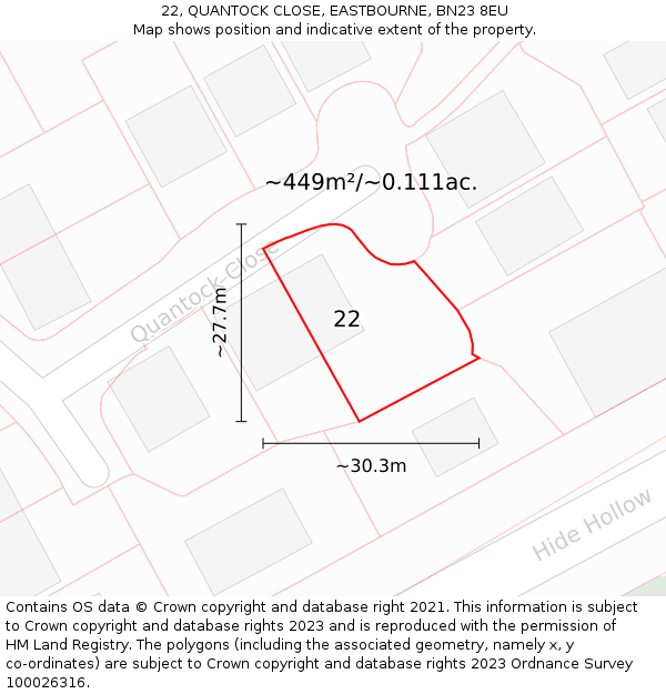 22, QUANTOCK CLOSE, EASTBOURNE, BN23 8EU: Plot and title map