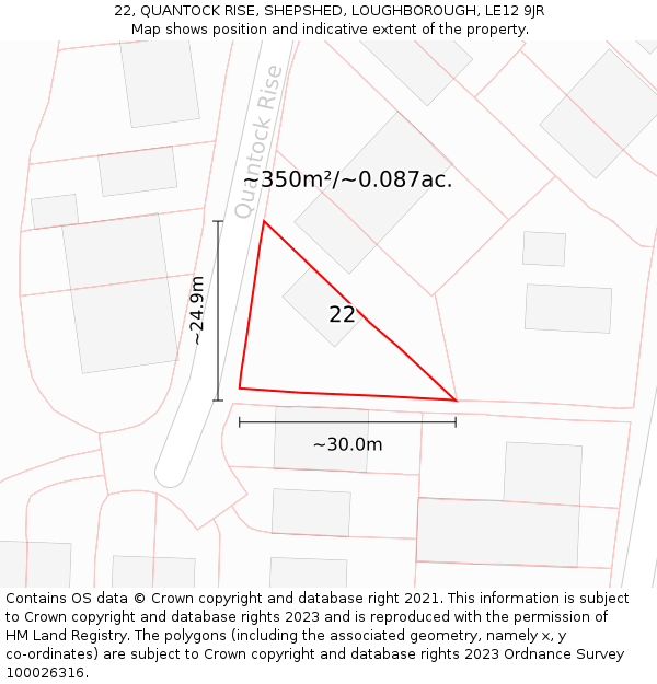 22, QUANTOCK RISE, SHEPSHED, LOUGHBOROUGH, LE12 9JR: Plot and title map