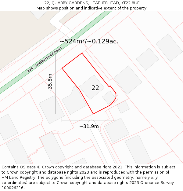 22, QUARRY GARDENS, LEATHERHEAD, KT22 8UE: Plot and title map