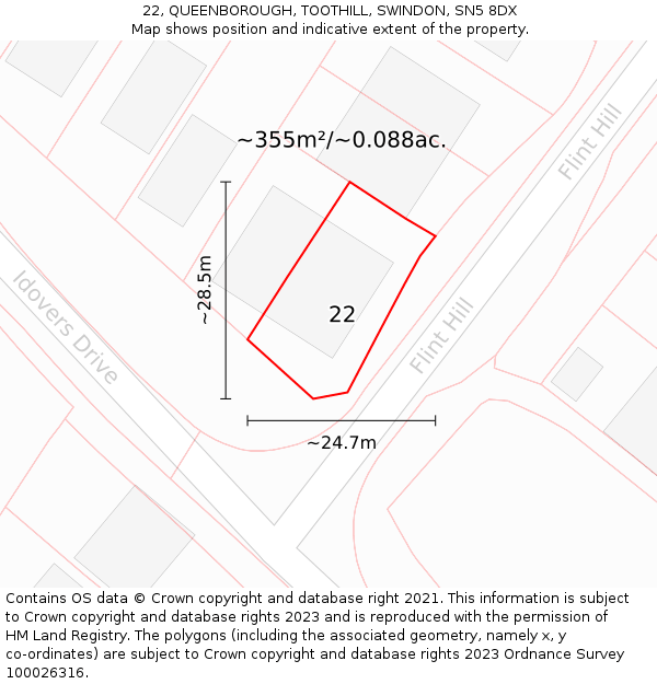 22, QUEENBOROUGH, TOOTHILL, SWINDON, SN5 8DX: Plot and title map