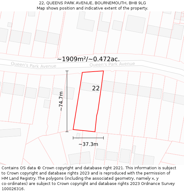 22, QUEENS PARK AVENUE, BOURNEMOUTH, BH8 9LG: Plot and title map