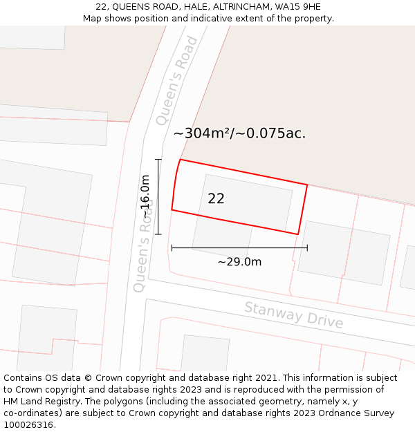 22, QUEENS ROAD, HALE, ALTRINCHAM, WA15 9HE: Plot and title map