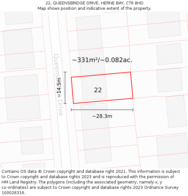 22, QUEENSBRIDGE DRIVE, HERNE BAY, CT6 8HD: Plot and title map