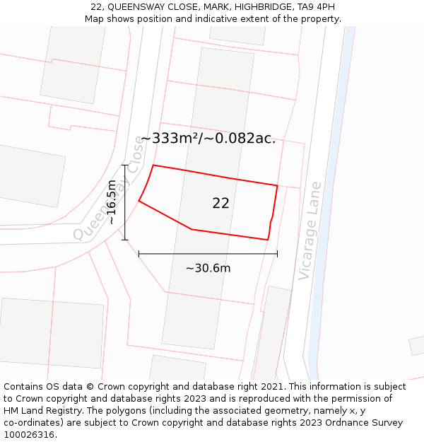 22, QUEENSWAY CLOSE, MARK, HIGHBRIDGE, TA9 4PH: Plot and title map