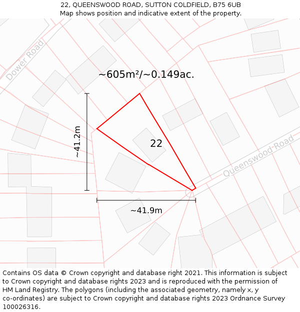 22, QUEENSWOOD ROAD, SUTTON COLDFIELD, B75 6UB: Plot and title map