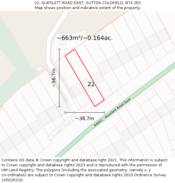 22, QUESLETT ROAD EAST, SUTTON COLDFIELD, B74 2EX: Plot and title map