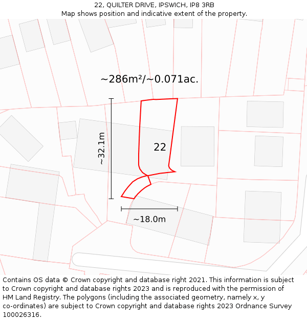 22, QUILTER DRIVE, IPSWICH, IP8 3RB: Plot and title map