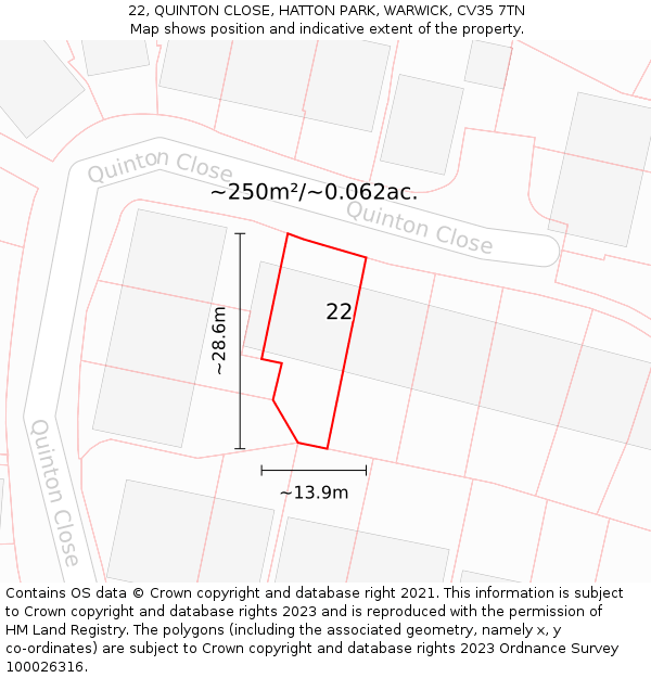 22, QUINTON CLOSE, HATTON PARK, WARWICK, CV35 7TN: Plot and title map