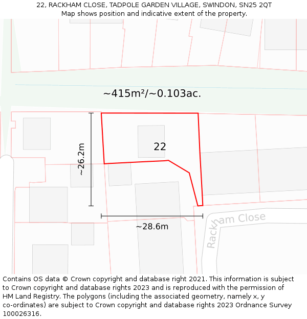 22, RACKHAM CLOSE, TADPOLE GARDEN VILLAGE, SWINDON, SN25 2QT: Plot and title map