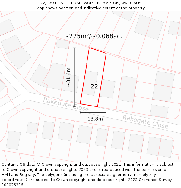 22, RAKEGATE CLOSE, WOLVERHAMPTON, WV10 6US: Plot and title map