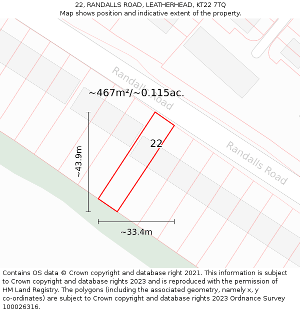 22, RANDALLS ROAD, LEATHERHEAD, KT22 7TQ: Plot and title map
