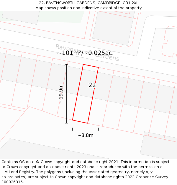 22, RAVENSWORTH GARDENS, CAMBRIDGE, CB1 2XL: Plot and title map