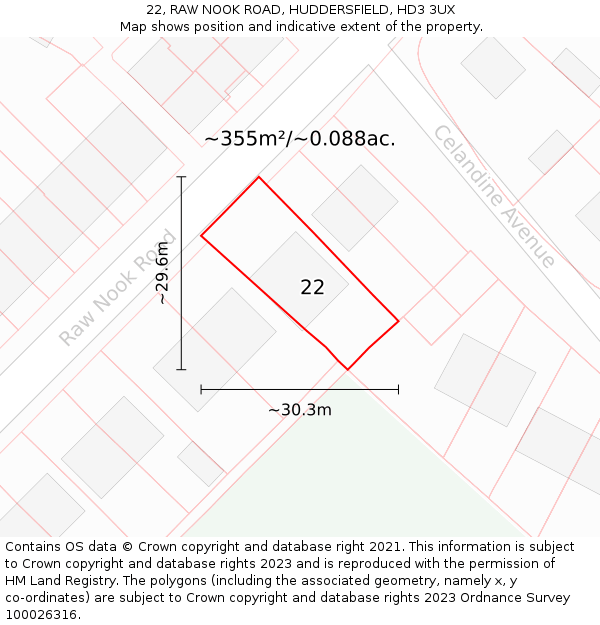 22, RAW NOOK ROAD, HUDDERSFIELD, HD3 3UX: Plot and title map
