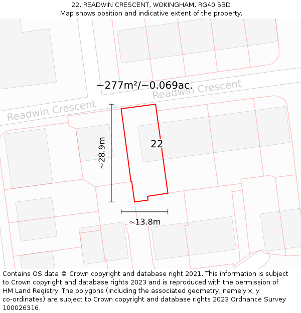 22, READWIN CRESCENT, WOKINGHAM, RG40 5BD: Plot and title map