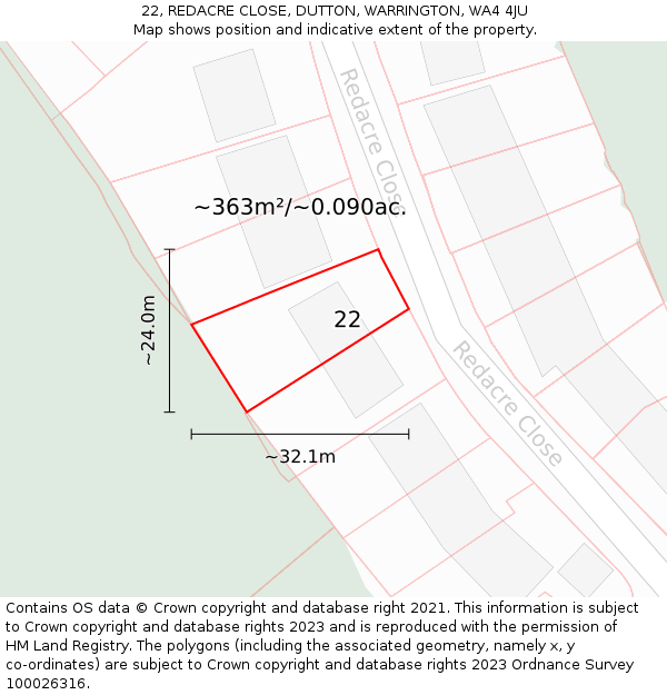 22, REDACRE CLOSE, DUTTON, WARRINGTON, WA4 4JU: Plot and title map