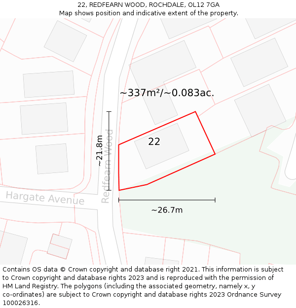22, REDFEARN WOOD, ROCHDALE, OL12 7GA: Plot and title map