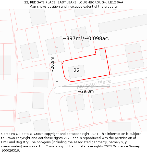 22, REDGATE PLACE, EAST LEAKE, LOUGHBOROUGH, LE12 6AA: Plot and title map