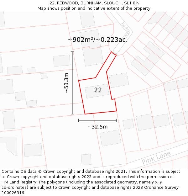 22, REDWOOD, BURNHAM, SLOUGH, SL1 8JN: Plot and title map