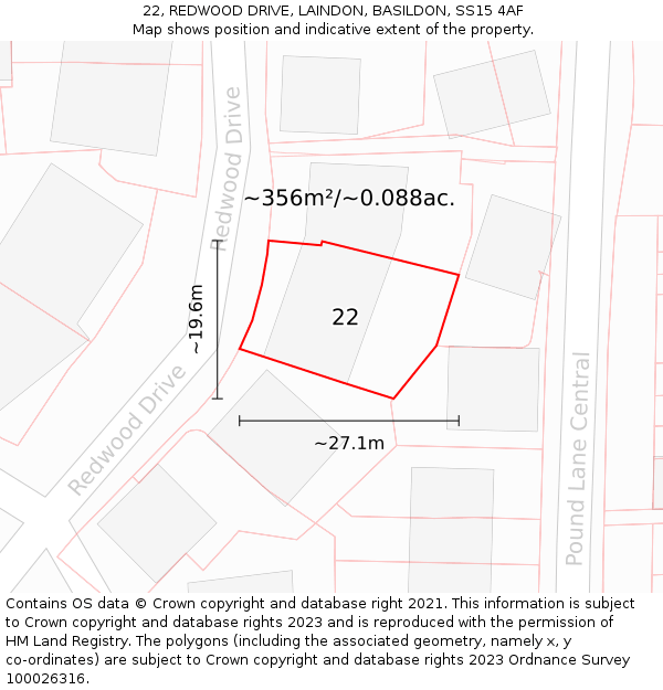 22, REDWOOD DRIVE, LAINDON, BASILDON, SS15 4AF: Plot and title map