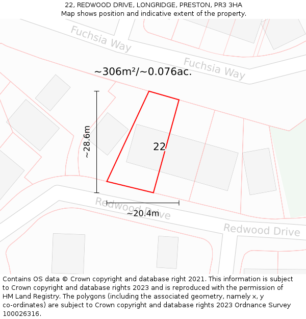 22, REDWOOD DRIVE, LONGRIDGE, PRESTON, PR3 3HA: Plot and title map