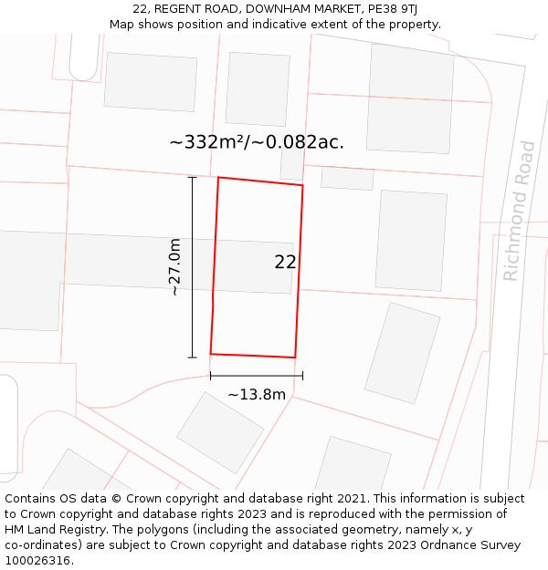 22, REGENT ROAD, DOWNHAM MARKET, PE38 9TJ: Plot and title map