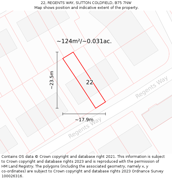 22, REGENTS WAY, SUTTON COLDFIELD, B75 7NW: Plot and title map