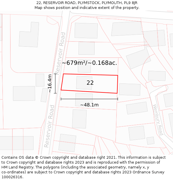 22, RESERVOIR ROAD, PLYMSTOCK, PLYMOUTH, PL9 8JR: Plot and title map