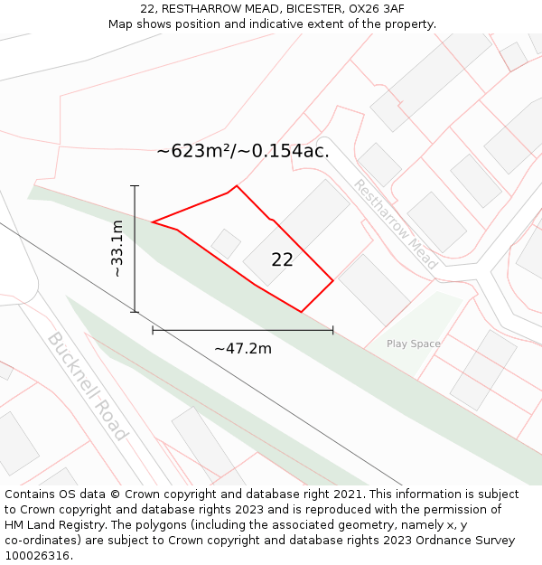 22, RESTHARROW MEAD, BICESTER, OX26 3AF: Plot and title map