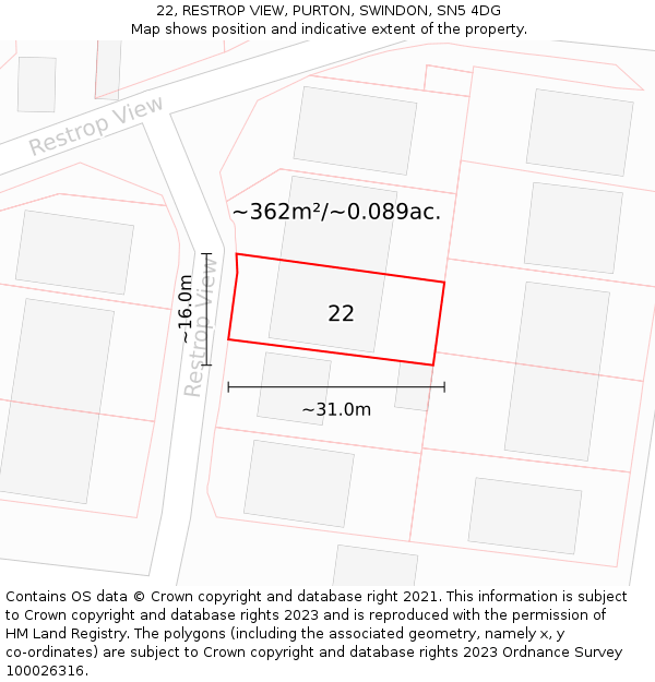 22, RESTROP VIEW, PURTON, SWINDON, SN5 4DG: Plot and title map