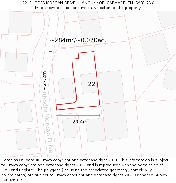 22, RHODFA MORGAN DRIVE, LLANGUNNOR, CARMARTHEN, SA31 2NX: Plot and title map