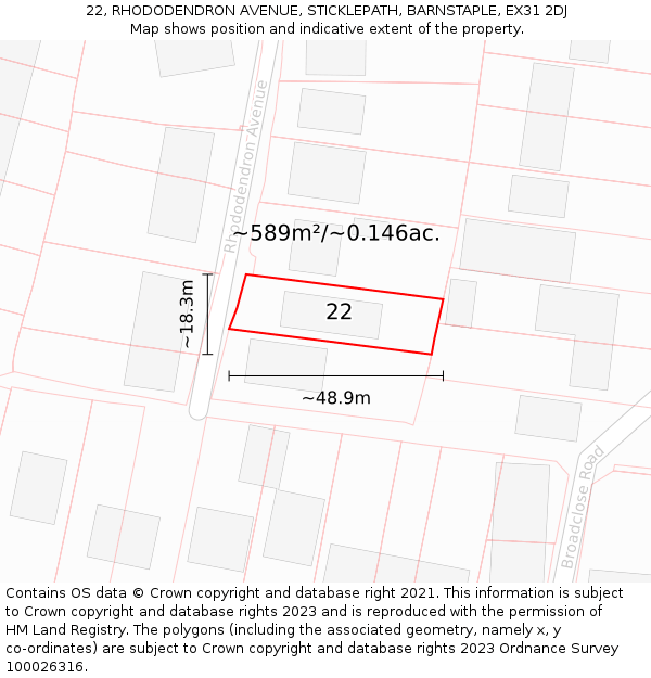 22, RHODODENDRON AVENUE, STICKLEPATH, BARNSTAPLE, EX31 2DJ: Plot and title map