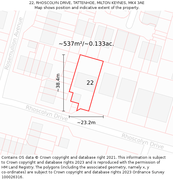 22, RHOSCOLYN DRIVE, TATTENHOE, MILTON KEYNES, MK4 3AE: Plot and title map