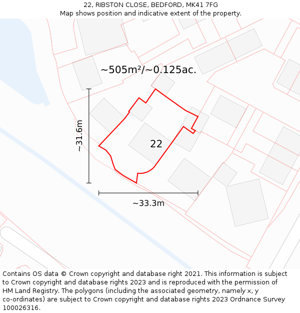 22, RIBSTON CLOSE, BEDFORD, MK41 7FG: Plot and title map