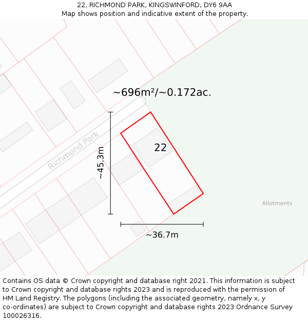 22, RICHMOND PARK, KINGSWINFORD, DY6 9AA: Plot and title map