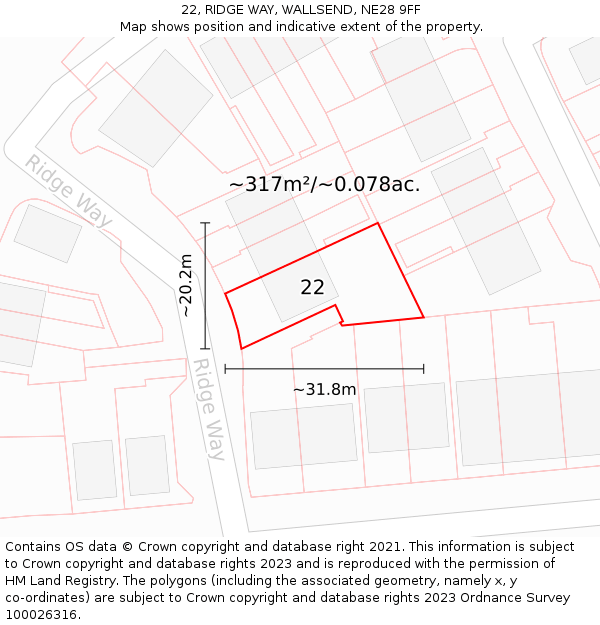 22, RIDGE WAY, WALLSEND, NE28 9FF: Plot and title map