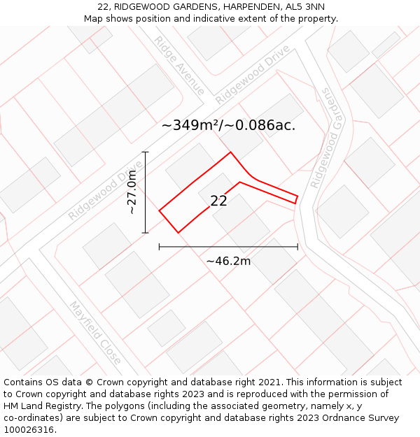 22, RIDGEWOOD GARDENS, HARPENDEN, AL5 3NN: Plot and title map