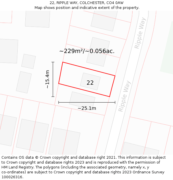 22, RIPPLE WAY, COLCHESTER, CO4 0AW: Plot and title map