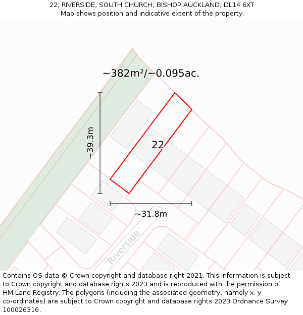 22, RIVERSIDE, SOUTH CHURCH, BISHOP AUCKLAND, DL14 6XT: Plot and title map