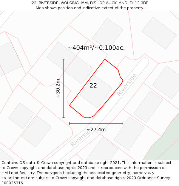 22, RIVERSIDE, WOLSINGHAM, BISHOP AUCKLAND, DL13 3BP: Plot and title map