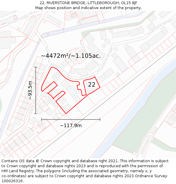 22, RIVERSTONE BRIDGE, LITTLEBOROUGH, OL15 8JF: Plot and title map