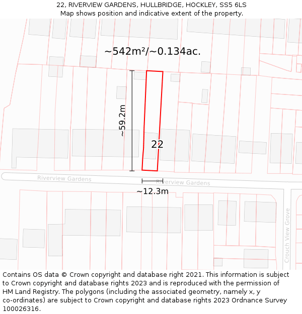 22, RIVERVIEW GARDENS, HULLBRIDGE, HOCKLEY, SS5 6LS: Plot and title map