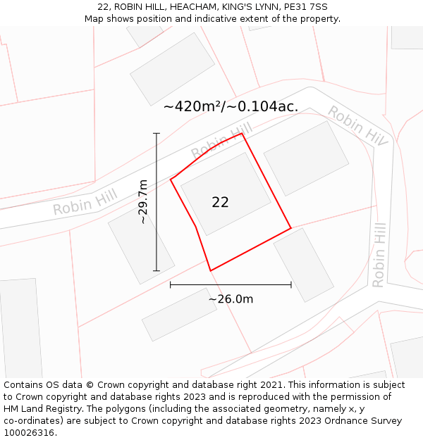 22, ROBIN HILL, HEACHAM, KING'S LYNN, PE31 7SS: Plot and title map